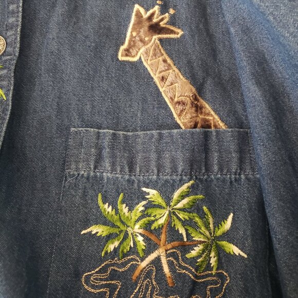New Direction Denim Jean Top Size M Embroidered Velvet Giraffe Shirt 3/4 Sleeves - Picture 9 of 12